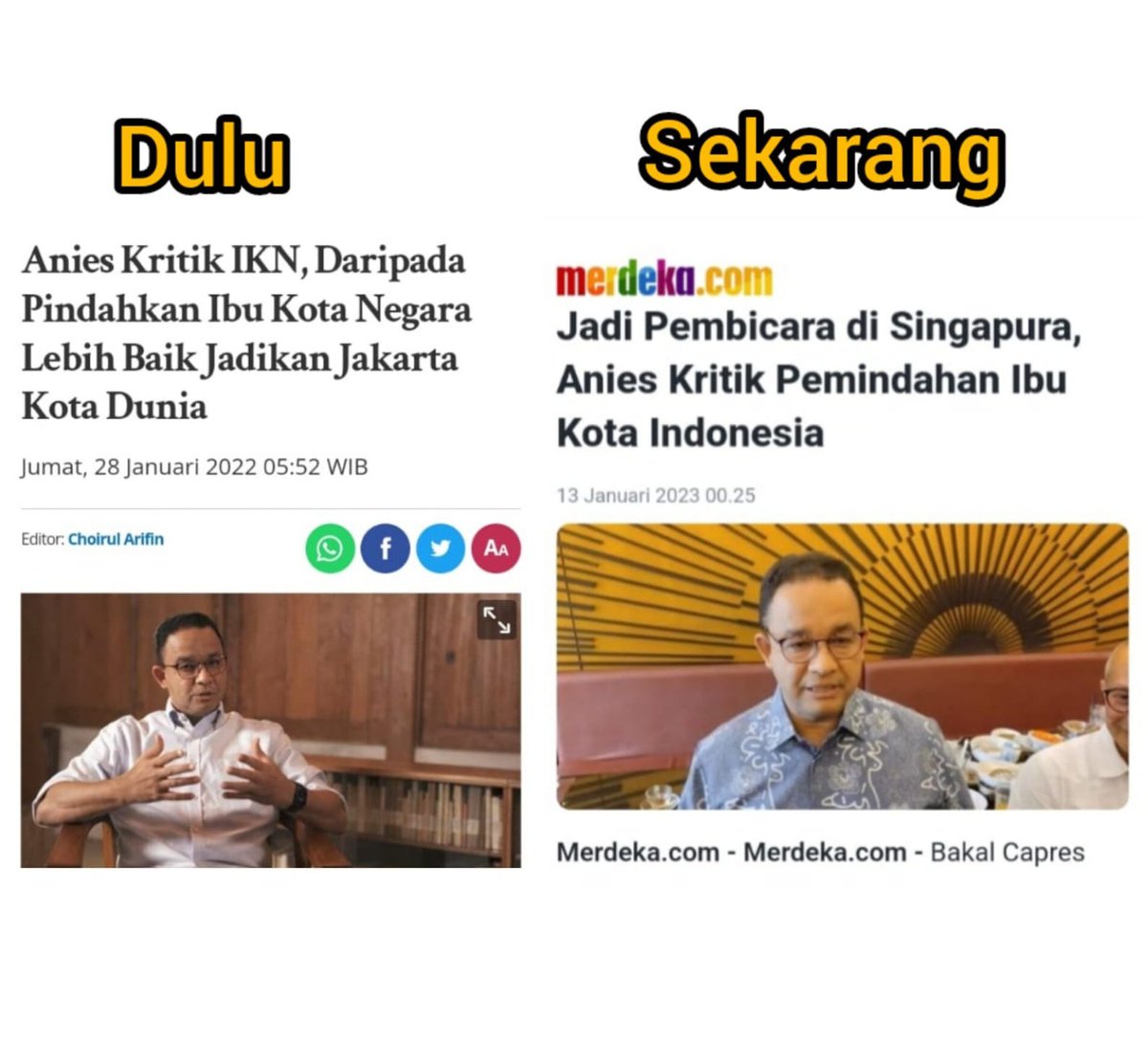 Bukti Yohanes Anies adlh antitesa pak <a href="/jokowi/">Joko Widodo</a>.

Kalo <a href="/NasDem/">Partai NasDem</a> sekarang lagi mati2an jualan Anies akn melanjutkan program2 pak Jokowi jangan percaya!
Lihat aja di DKI kemarin dan IKN ini.
Bkn hny pembangunan, soal kelompok radikal jg berbeda, Jokowi tegas bubarkan, Anies merangkul.