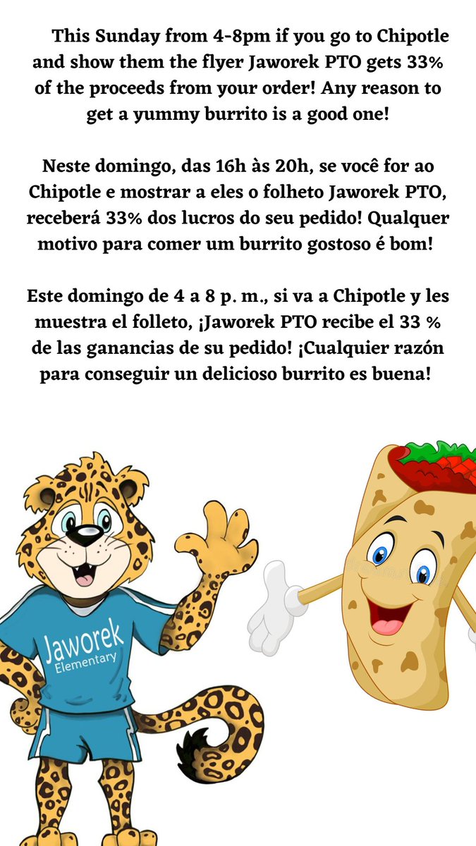 JaworekPTO's tweet photo. I like Burritos! Do you like burritos? Who doesn't like burritos?! See you Sunday! ¡Me gustan los burritos! ¿Te gustan los burritos? ¿A quién no le gustan los burritos? ¡Te veo el domingo! Eu gosto de Burritos! Você gosta de burritos? Quem não gosta de burritos?! Vejo-te domingo! https://t.co/OSseNXVt2v