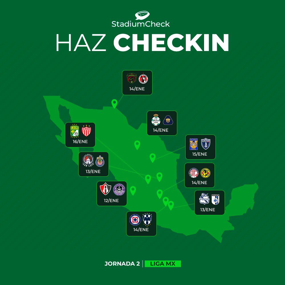 ¡¡¡MOMENTO DE FUTBOL MEXICANO!!!🇲🇽🤩

Esta es la ruta completa de los partidos de la Jornada 2 de la Liga MX. 

Si asistes a alguno, recuerda hacer Check-In en StadiumCheck, disponible en Apple Store y Google Play.
