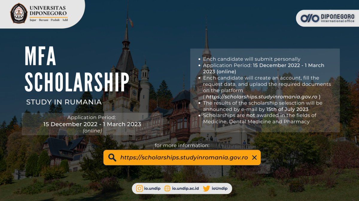 IOUndip's tweet photo. Hi, fellas!

For those who have been dreaming about Twilight country, an exciting news has come since the Romanian Government is now opening scholarships for the 2023-2024 academic year! https://t.co/I6NzF9DIQv
