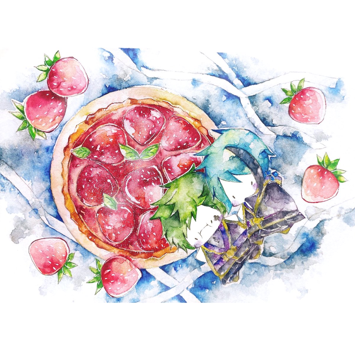 food fruit strawberry 2boys multiple boys green hair watercolor (medium)  illustration images