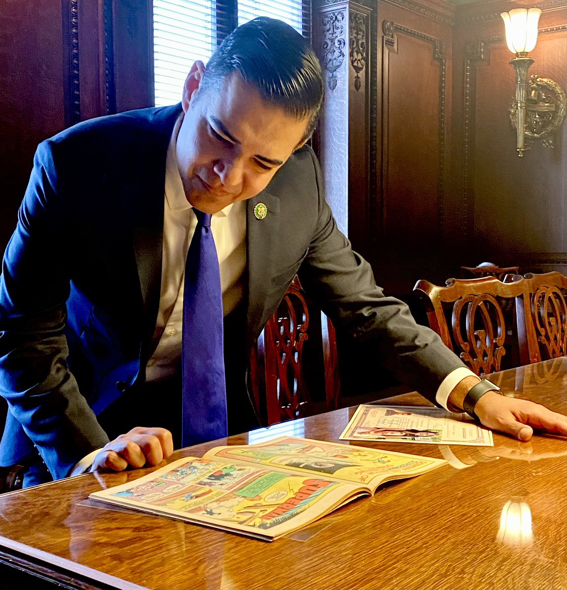 CTuckerNews's tweet photo. Freshman Rep. Robert Garcia got to check out the Superman #1 comic today @librarycongress for a ceremonial commemoration of his swearing-in with Dr. Hayden. The California congressman says comics helped him learn English as a kid. @NBCLA @nbcwashington https://t.co/hiXSbUWZOe