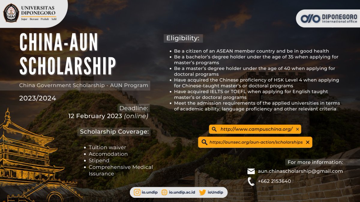 IOUndip's tweet photo. Hi, fellas!

International Office Undip is glad to share delightful information with students regarding China Government opening a AUN scholarship for every ASEAN member country student. Registration is open until February 12th, 2023 online. https://t.co/kSsWhTr7Kp