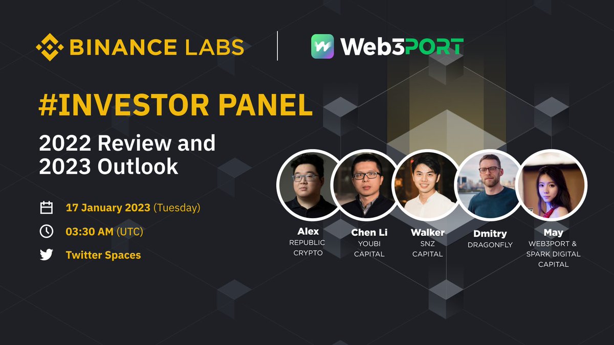 What are the 2023 trends? Any bright future for Web2.5 startups? 

Join <a href="/Web3Port_Labs/">Web3Port</a>' panel with <a href="/joinrepublic/">Republic</a>, <a href="/YoubiCapital/">Youbi Capital | Since 2017</a>, <a href="/snzholding/">SNZ Holding</a> and <a href="/dragonfly_xyz/">Dragonfly ＞|＜</a> to learn about their investment strategies this year.

Mark the calendar👇
x.com/i/spaces/1jMKg… 

#binance