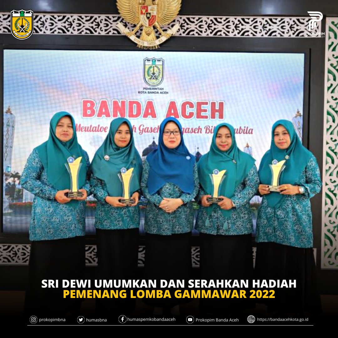 KetuaTim Penggerak Pemberdayaan Keluarga (TP-PKK) Kota Banda Aceh Sri Dewi Kurnilawati mengumumkan sekaligus menyerahkan hadiah kepada pemenang lomba Gampong Mawaddah Warahmah (Gammawar) 2022 tingkat Kota Banda Aceh.

bandaacehkota.go.id/berita/35256/s…