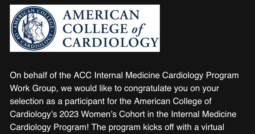So excited to be joining the 2023 ACC Women’s IM Cardiology cohort and looking forward to meeting new mentors and colleagues!! @ACCinTouch