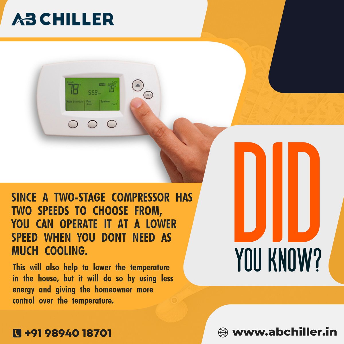 chiller_ab's tweet image. Since a Two-Stage compressor has two speeds to choose from, you can operate it at a lower speed when you don’t need as much cooling.

For More Details
📞+91 98940 18701
  abchiller.in

#abchiller #twostagecompressor #speed #cooling #temperature #energy #coolingcontrol