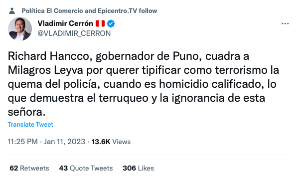 KututoDemocrata's tweet photo. @VLADIMIR_CERRON si hubieras estado en el lugar del policia, qué cargo tu abogado presentaría contra tus asesinos? homicidio calificado? o terrorismo? https://t.co/j8eWXUb75A