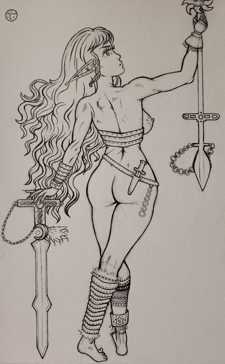 Another elven warrior - I'm practising back anatomy cos it just occurred to me that I never draw people from behind and that's a big gap in my knowledge 😆

Pose referenced from <a href="/JookpubStock/">Alfie 🦋🌙</a> ! 🖤✨️