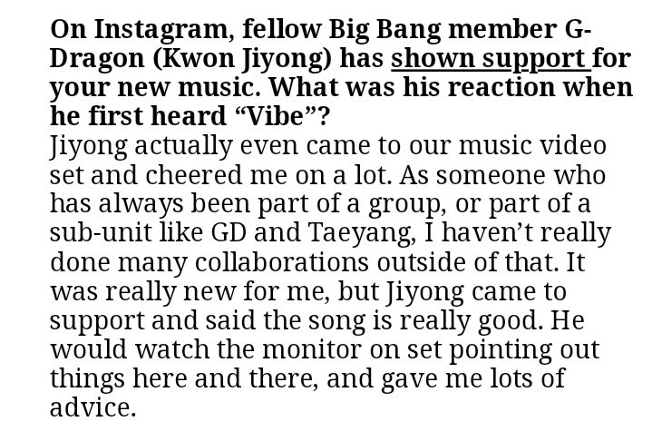 stream_bigbang's tweet photo. 💬: No Instagram, o membro do BIGBANG G-Dragon (Kwon Jiyong) mostrou apoio à sua nova música. Qual foi a reação dele quando ouviu "Vibe" pela primeira vez?
🌞: Na verdade, Jiyong até veio ao nosso set de videoclipe e me animou muito. Como alguém que sempre fez parte de um grupo + https://t.co/NdxkzVz9gS