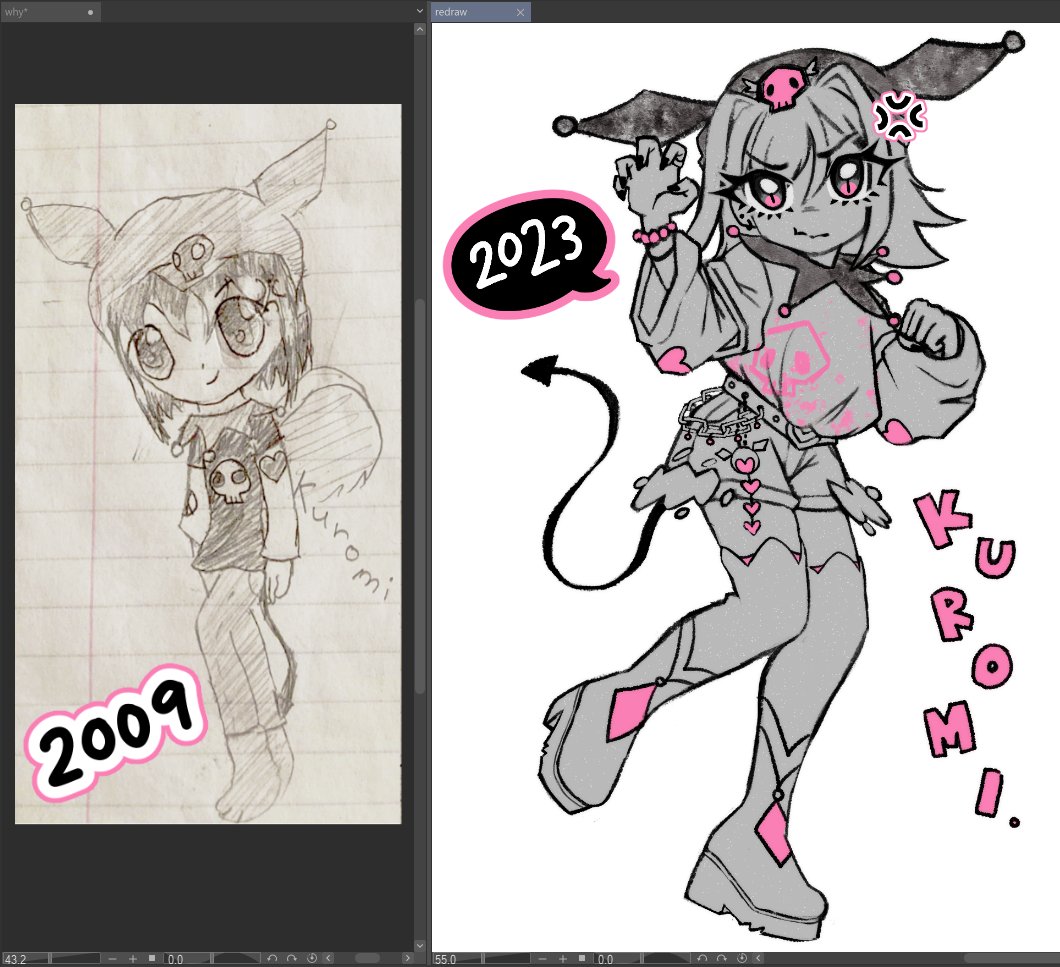 found an old drawing of mine and decided she Deserved a redraw. kuromi sketch! 2009 vs 2023 