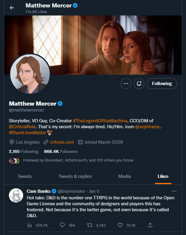 Brotetsu's tweet photo. Matthew Mercer isn't technically allowed to comment on it all due to contracts and such, but he's sneaky, and I love him for that.
#OpenDnD #DnDBegone https://t.co/DE11zzb8Hf