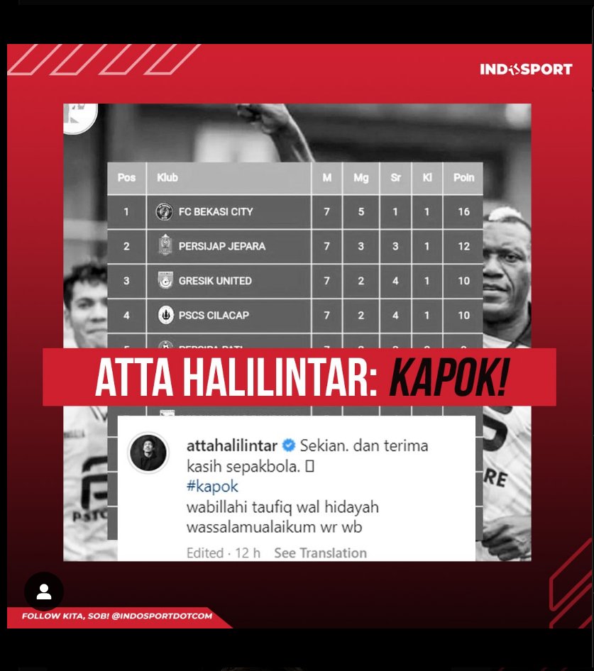 indosportdotcom's tweet photo. Pemilik klub FC Bekasi, Atta Halilintar mengunggah foto klasemen Liga 2 disertai tulisan "kapok". Hmmm 😔
#AttaHalilintar #FCBekasi #Papata #Sepakbola #Liga2 #Indosport https://t.co/b2tzgPDfOX