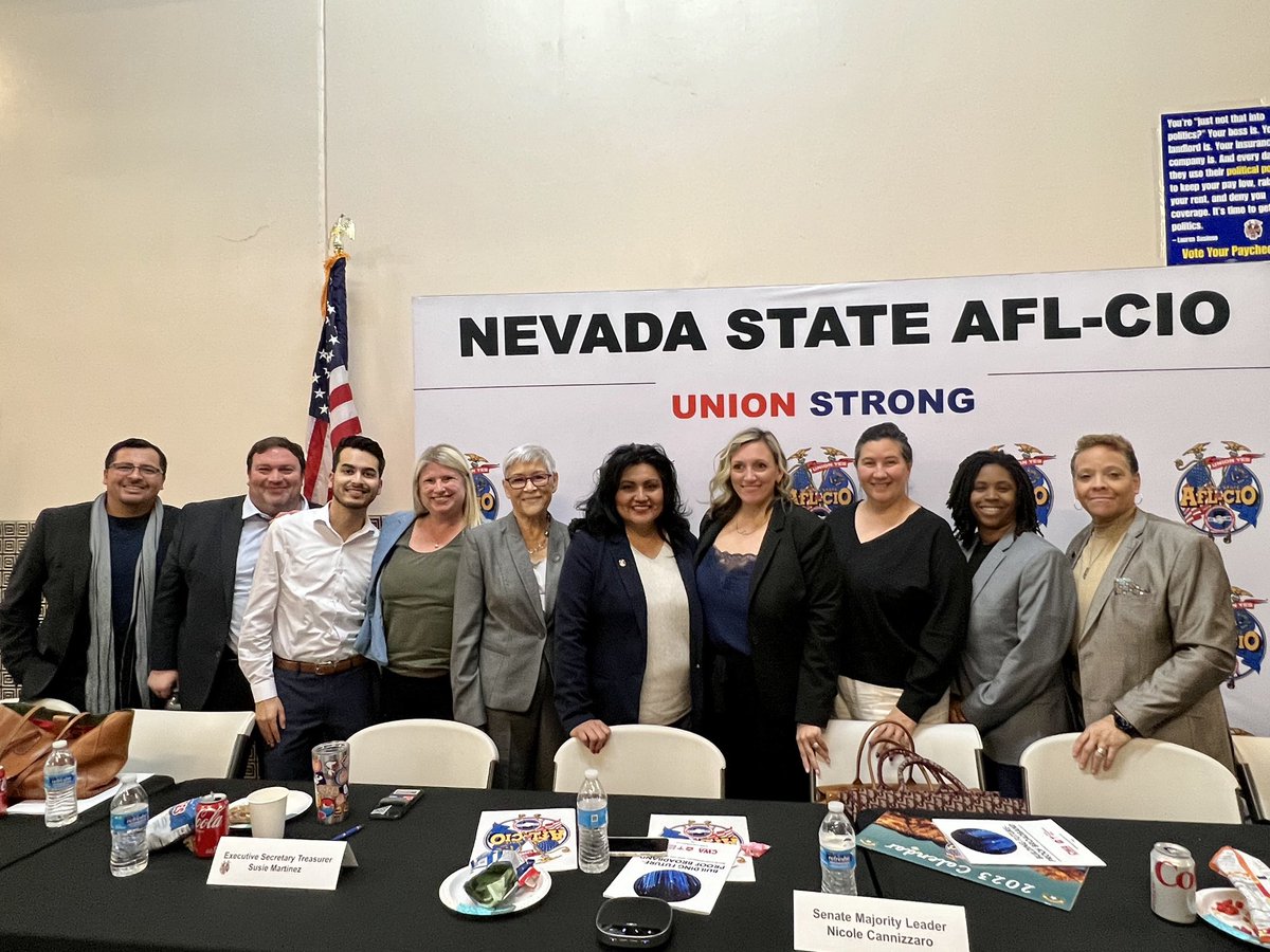 Nevada State AFL-CIO // Pass the #PROAct (@nvaflcio) on Twitter photo Thank you to Majority Leader <a href="/Nicole4Nevada/">Nicole Cannizzaro</a> and members of <a href="/NVSenateDems/">NV Senate Democrats</a> for joining us tonight to hear about the most pressing issues facing Nevada workers ahead of the 2023 session.
We can always count on you to stand in solidarity with our #union brothers and sisters! Thank you to Majority Leader <a href="/Nicole4Nevada/">Nicole Cannizzaro</a> and members of <a href="/NVSenateDems/">NV Senate Democrats</a> for joining us tonight to hear about the most pressing issues facing Nevada workers ahead of the 2023 session.
We can always count on you to stand in solidarity with our #union brothers and sisters!