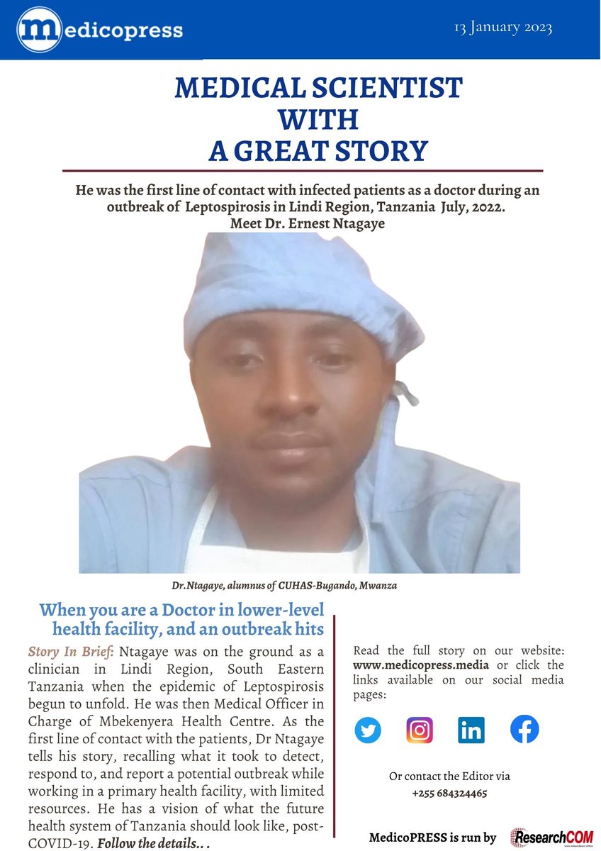 MedicoPRESS (@medicopresstz) on Twitter photo We have another "Medical Scientist With A Great Story"
He's Dr. <a href="/ErnestNtagaye/">Dr. Ernest Ntagaye</a> who tells his story, recalling what it took to detect, respond to & report a potential outbreak while working in a primary health facility, with limited resources.
Read here: bit.ly/3ZpKNLw We have another "Medical Scientist With A Great Story"
He's Dr. <a href="/ErnestNtagaye/">Dr. Ernest Ntagaye</a> who tells his story, recalling what it took to detect, respond to & report a potential outbreak while working in a primary health facility, with limited resources.
Read here: bit.ly/3ZpKNLw