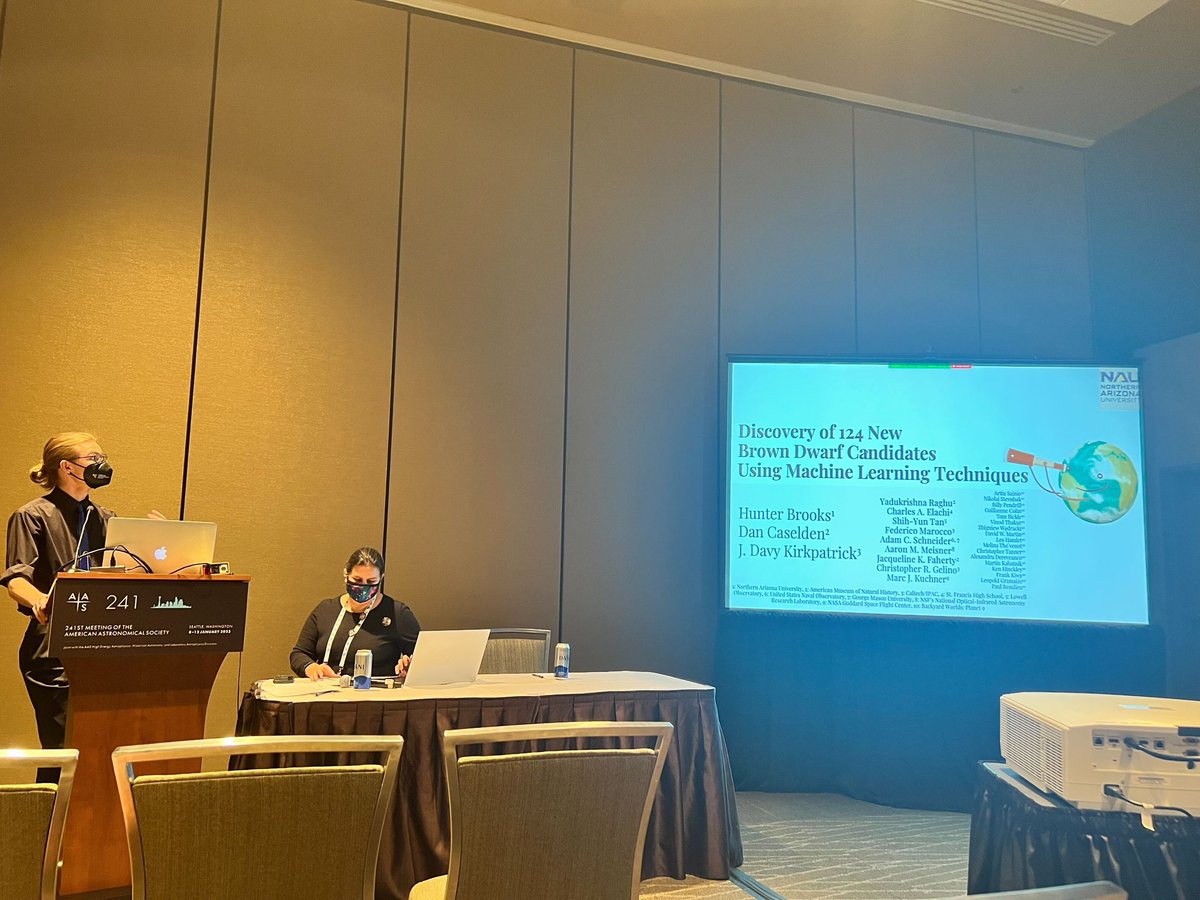 jfaherty's tweet photo. Another @backyardworlds presentation was given by undergraduate Hunter Brooks on discovering 124 new brown dwarf candidates with a machine learning technique (which happened to be developed by the amazing Dan Caselden) https://t.co/vPvALfWo01