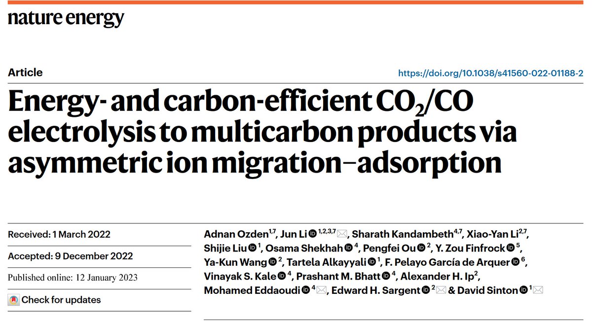 Excited to share our latest publication @NatureEnergyJnl from the collaboration between @Eddaoudi_FMD3, @SintonLab, and @tedsargentNU_TO for developing a strategy to block cation migration to catalyst surface using a COF that enables electrosynthesis of multicarbon products.