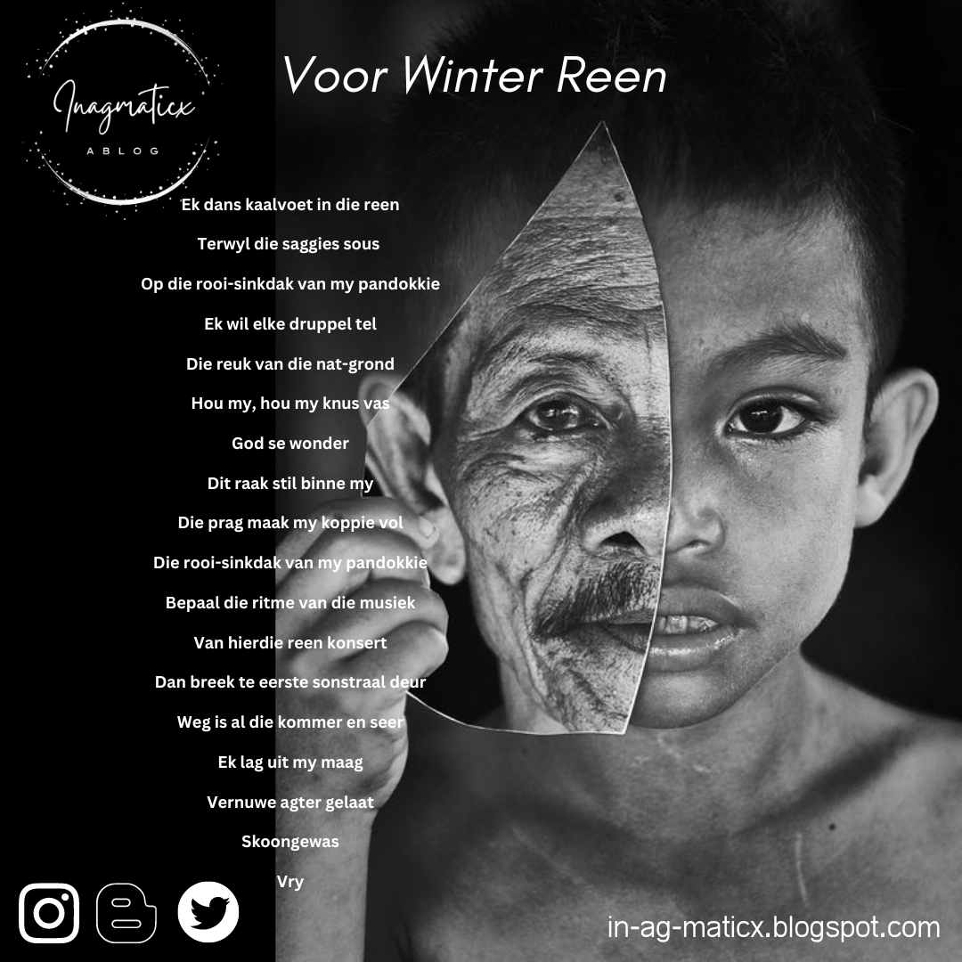 Inagmaticx1's tweet photo. Voor Winter Reen | n #Poem in #Afrikaans Ek dans kaalvoet in die reen
Terwyl die saggies sous 
Op die rooi-sinkdak van my pandokkie .... #Gedig #Digter #AfrikaansGedig #Blogpost #Woorde #Skrywer https://t.co/BcSHbZgRea https://t.co/iIkHgj2nmq