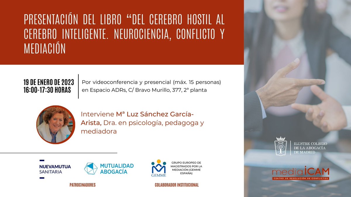 icam_es's tweet photo. ¡Descubre todo lo que debes saber sobre la relación entre #neurociencia, #conflicto y #mediación!
Inscripciones gratuitas:
Presencial: https://t.co/yJZuwAacMs
Online: https://t.co/sg7ew9brOe
#SemanaDeLaMediaciónICAM #MediaICAM https://t.co/5kMuurjGny