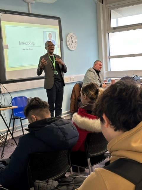 newhamcollege's tweet photo. We invited two guest speakers, Derwent Jaconelli and Philip, to talk with our construction and engineering students about ‘breaking barriers into employment.’ 

Derwent and Philip discussed growing up in East London, facing hardships and how they now run successful businesses. https://t.co/W1ZONy9hAY
