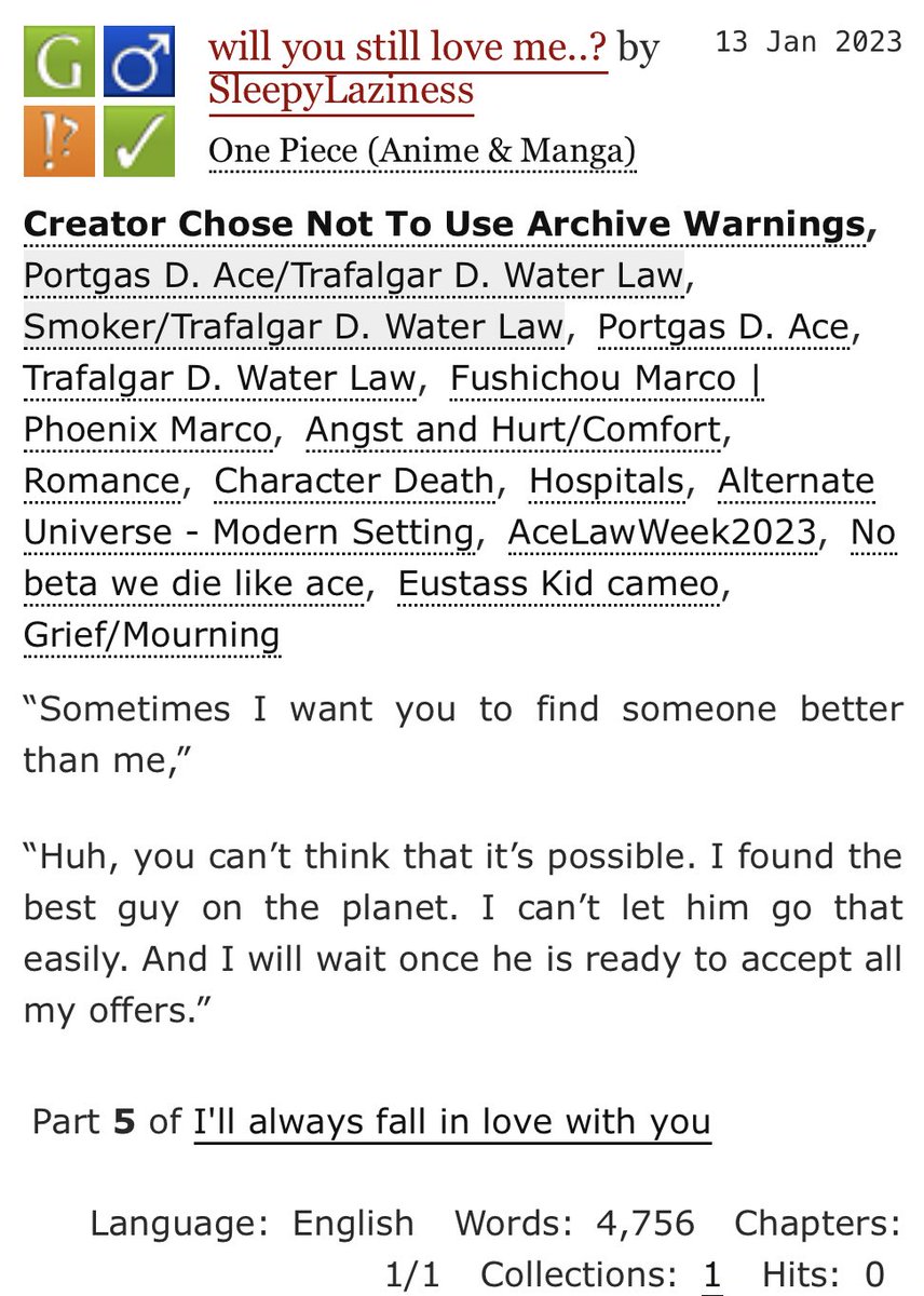 sleepyandlazys's tweet photo. Day 5: grief | hospital AU

the last day, and it’s said. But I’m proud of myself 

https://t.co/VVzN00r1O5

#AceLawWeek2023 https://t.co/3di2U3XvW1
