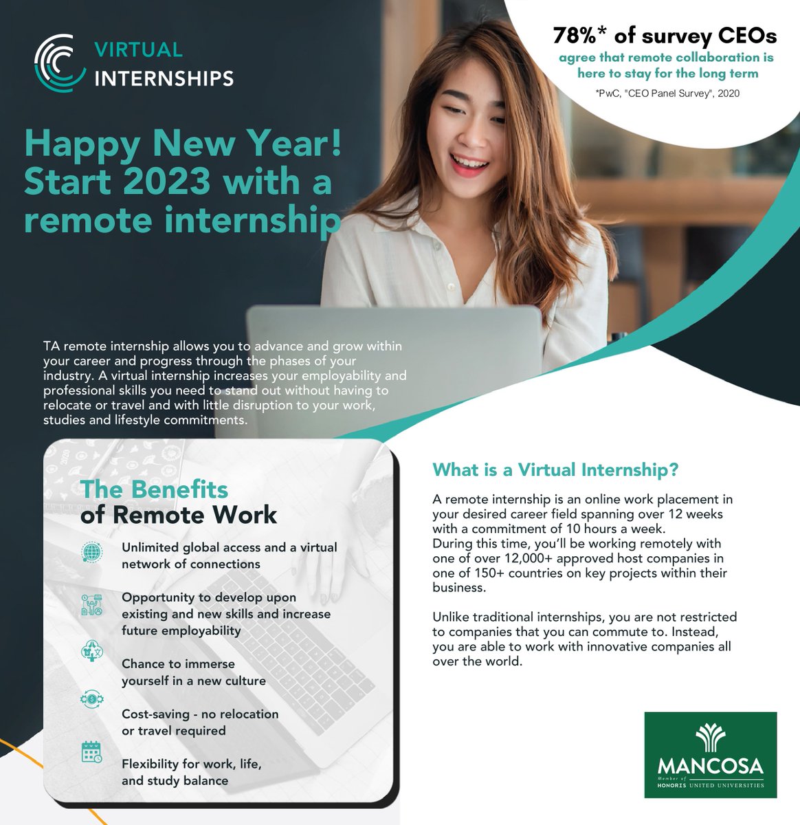 MANCOSA's tweet image. MANCOSA in partnership with 𝗩𝗶𝗿𝘁𝘂𝗮𝗹 𝗜𝗻𝘁𝗲𝗿𝗻𝘀𝗵𝗶𝗽𝘀 present, the Virtual Internship Programme. An opportunity for students to gain valuable, practical and professional experience in a 21st century workplace.

#EducationForImpact #VirtualInternship #CareerGrowth