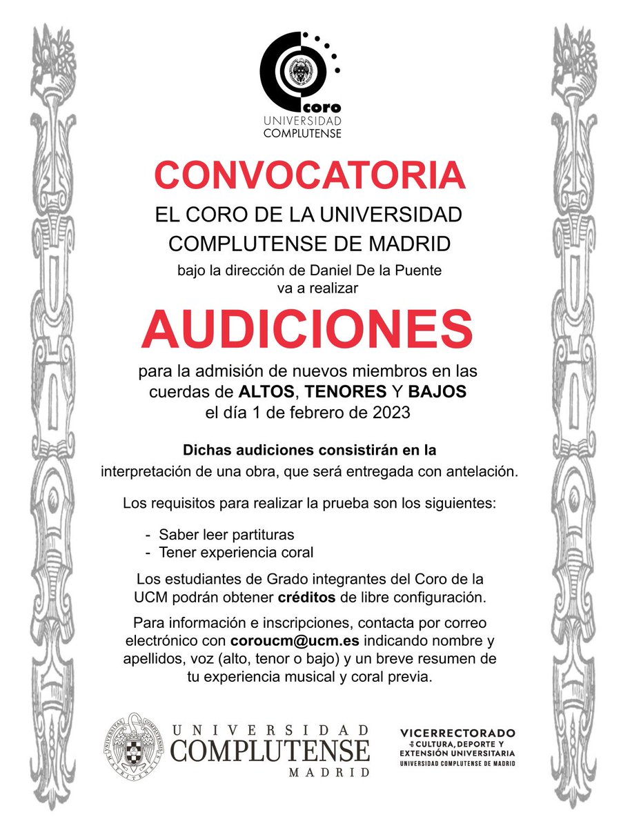 El coro de la UCM abre convocatoria de #audiciones para #alto, #tenor y #bajo. Si quieres unirte a nuestro coro, te esperamos el día 1 de febrero. ¡No olvides mandar un correo a la dirección que aparece en la imagen para inscribirte! 🎼