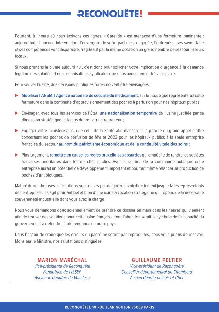 Marion Maréchal (@marionmarechal) on Twitter photo ✍🏻 “Alors que vous affirmez défendre la réindustrialisation de notre pays (…), la fermeture de ‘Carelide’ ne serait pas seulement un drame humain mais un véritable scandale politique.”
Notre lettre avec <a href="/G_Peltier/">Guillaume Peltier</a> à l’attention de <a href="/BrunoLeMaire/">Bruno Le Maire</a> sur l’entreprise #Carelide. ⬇️ ✍🏻 “Alors que vous affirmez défendre la réindustrialisation de notre pays (…), la fermeture de ‘Carelide’ ne serait pas seulement un drame humain mais un véritable scandale politique.”
Notre lettre avec <a href="/G_Peltier/">Guillaume Peltier</a> à l’attention de <a href="/BrunoLeMaire/">Bruno Le Maire</a> sur l’entreprise #Carelide. ⬇️