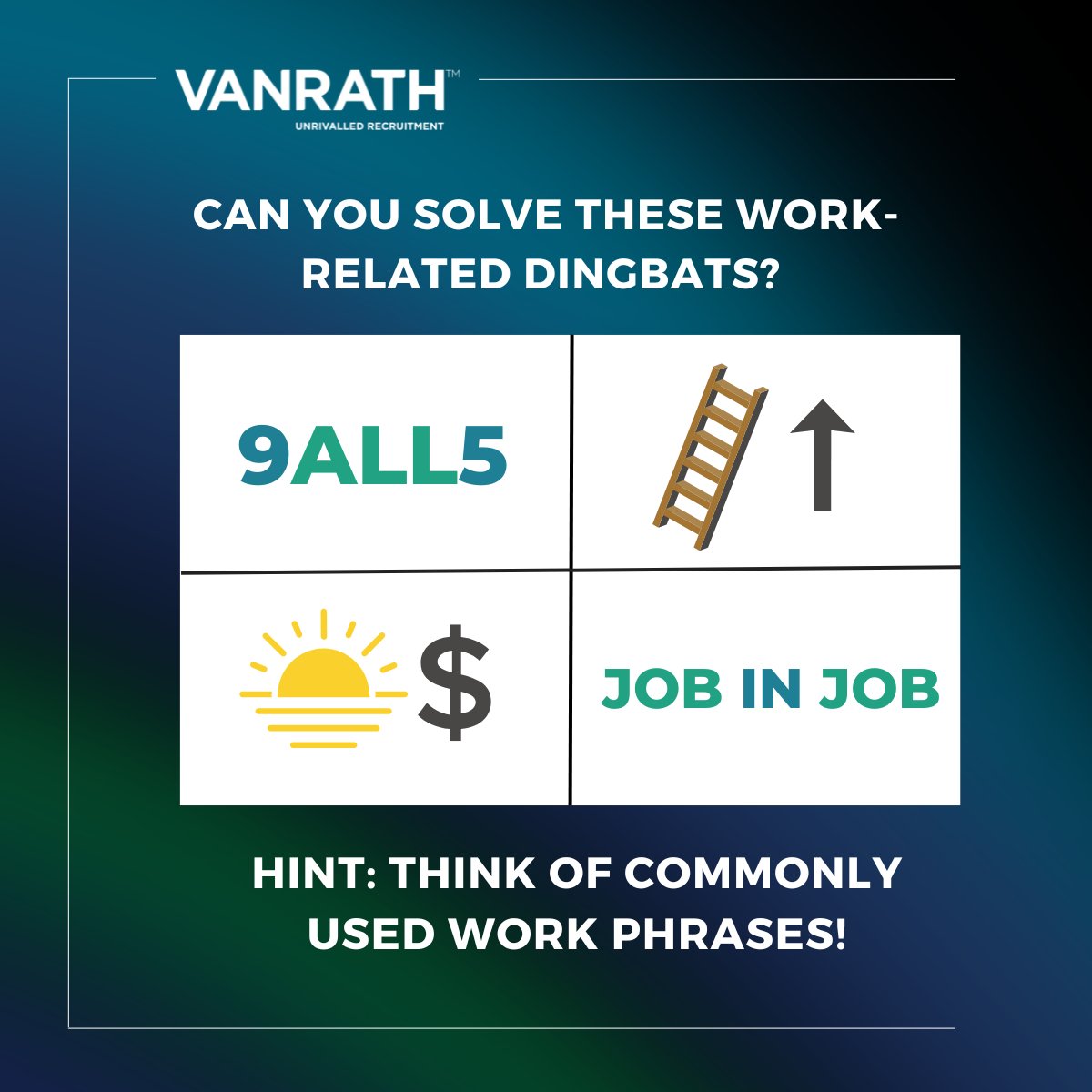 We’ve got a quick brain teaser for you this morning 🕵️ Can you decode these commonly used work phrases? There are 4 to find 🔍 Comment below if you got them! #VANRATH #DingBats #Riddles #Friday #BrainTeaser #WorkPhrases