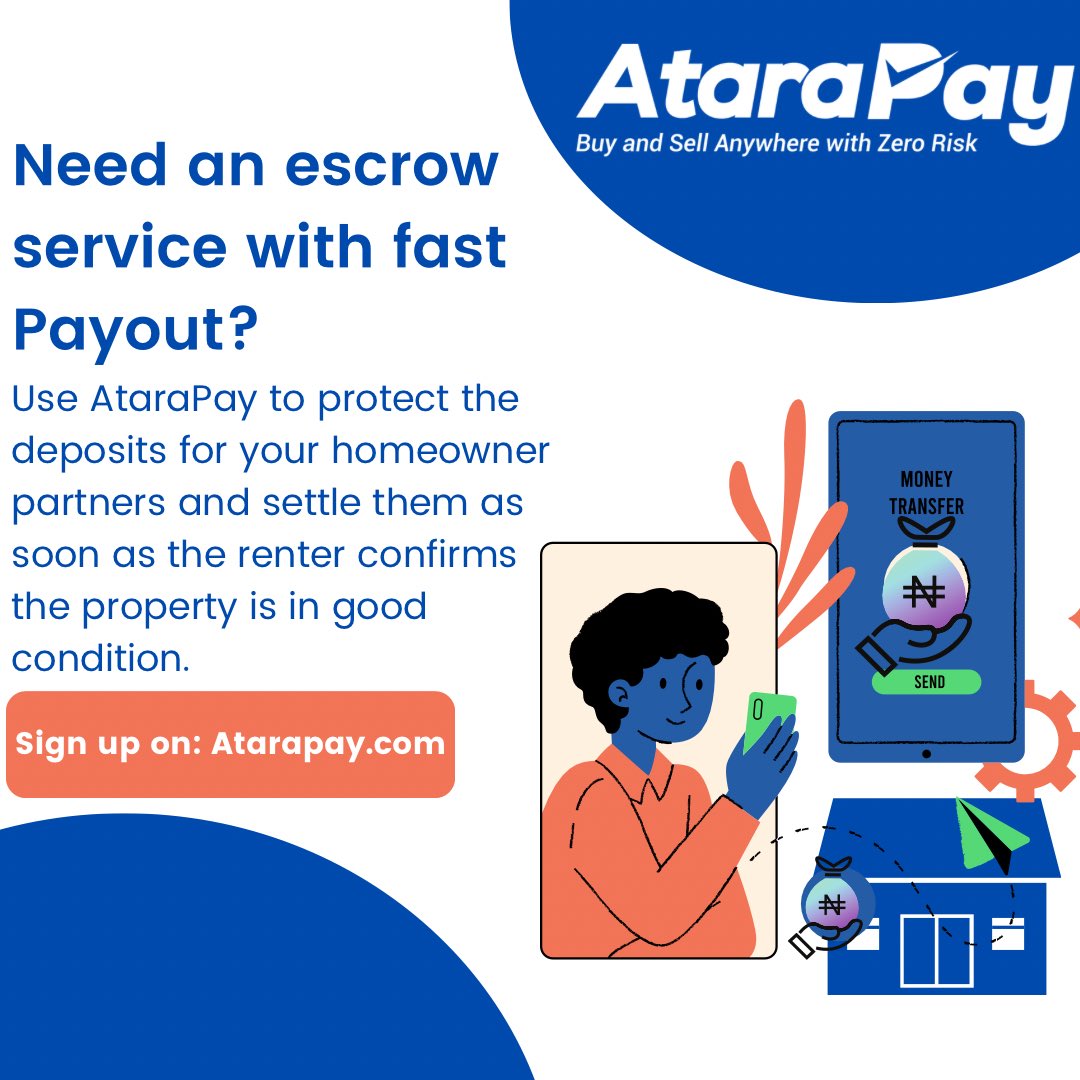 atarapayonline's tweet photo. Looking for an escrow service with fast payout? 

AtaraPay helps to protect the deposits for your homeowner partners and settle them as soon as the renter confirms the property is in good condition.

Sign up on: https://t.co/yaMKrQGrbb https://t.co/hVGKVoID3C