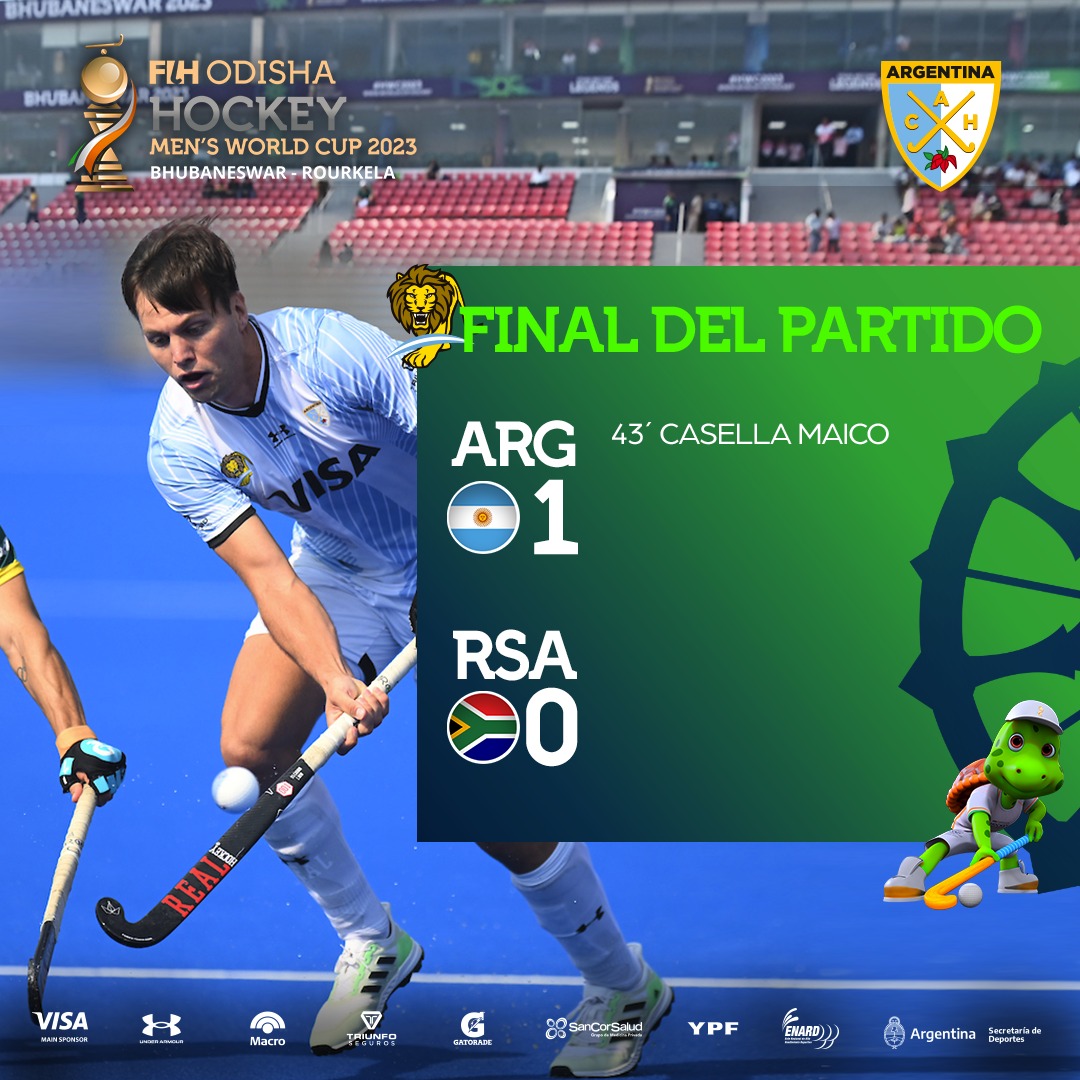 ArgFieldHockey's tweet photo. FINAL DEL PARTIDO y TRIUNFO para #LosLeones 🇦🇷 ante Sudáfrica 🇿🇦 en el DEBUT en la Copa del Mundo 2023. 

🏑 Gol de Maico Casella

#VamosArgentina 🇦🇷
#VamosLeones  🦁 https://t.co/p7x1JLwvaX