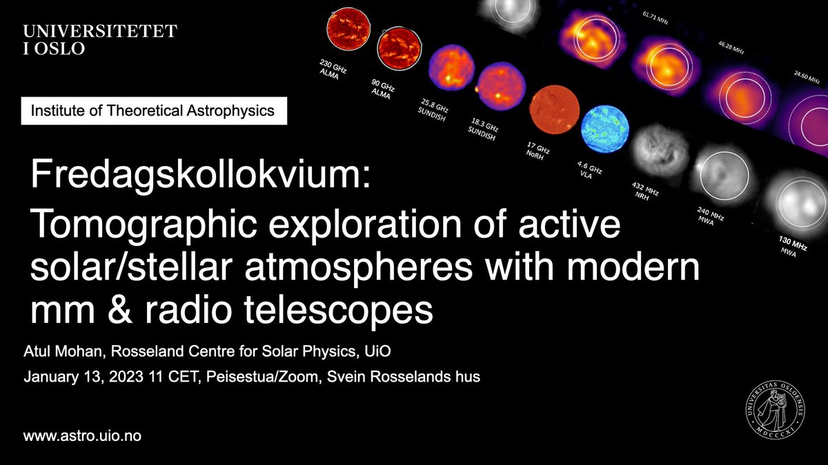 astrofysikk's tweet photo. Did you know that astrophysicists use millimeter- and radio waves to probe the activity across the Sun's chromosphere and corona, the hot, outer atmospheric layers of our star?
#astrofysikk_uio #fredagskollokvium #solarphysics #radioastronomy #solaratmosphere #interferometry https://t.co/YL1EozrKEN
