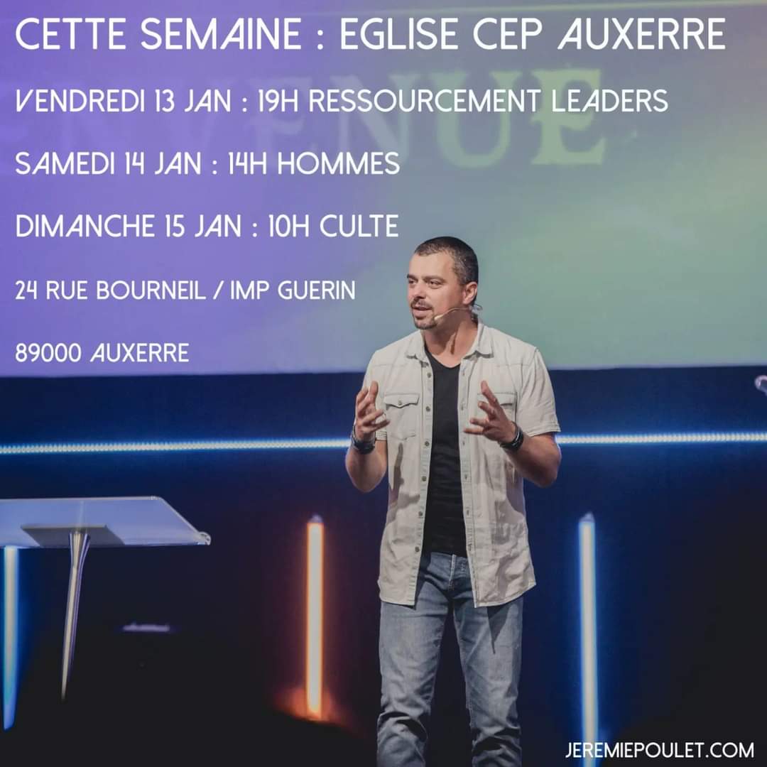 Ce week-end, on est super heureux de recevoir Jérémie Poulet pour pleins de rendez-vous extra ! 🤩  Un frère motivé pour bénir Auxerre et particulièrementle CEP, pour partager la Parole de Dieu et nous faire grandir en Jésus !🙏🙏❤️