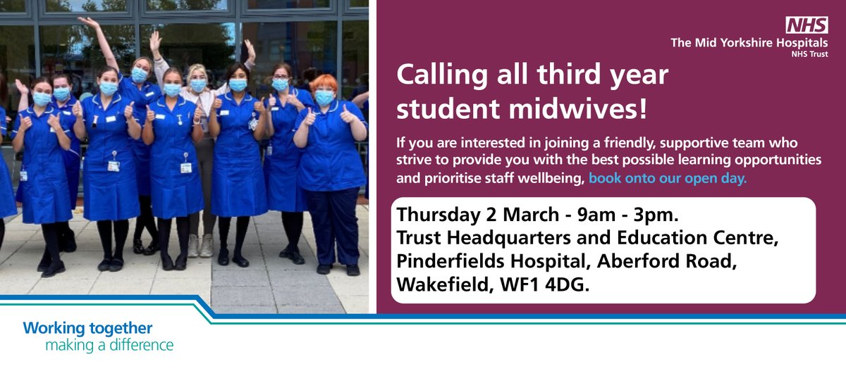 MidYorkshireNHS's tweet photo. Calling all third year student midwives - join us for our open day!
Spaces are limited, so please book in advance by emailing ๐งolivia.blankley@nhs.net or ๐งjune.lee5@nhs.net
#MidYorksNHS #Maternity #Recruitment #BePartofMYTeam https://t.co/rLxmzh8Mt4