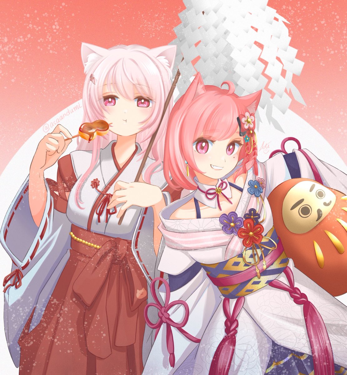 shiina yuika multiple girls 2girls japanese clothes pink hair animal ears cat ears white kimono  illustration images