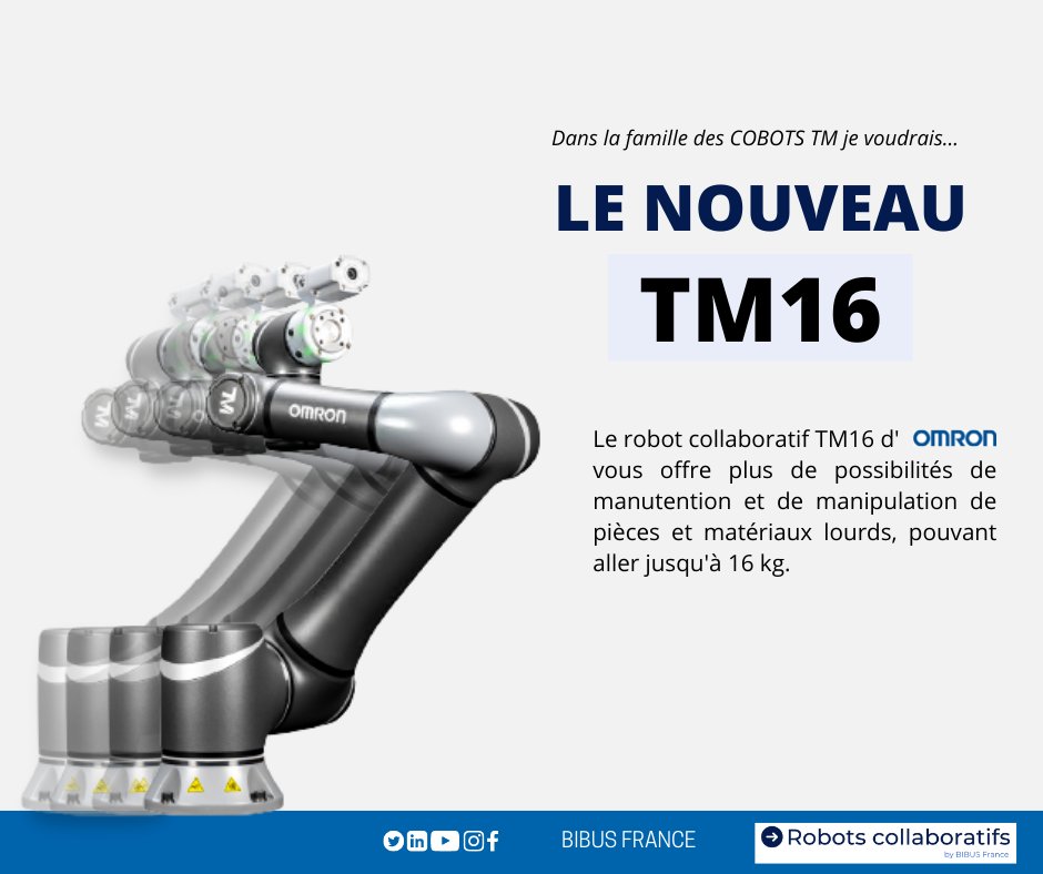 BibusFrance's tweet photo. Différentes caractéristiques mais même valeur ajoutée ! 

Tout comme ces prédécesseurs, le tout dernier robot collaboratif TM16 vous permettra d’automatiser votre environnement de travail et d’optimiser vos flux de production.

 👉https://t.co/I0VDYNVmeH https://t.co/ZlLpcrHOTy