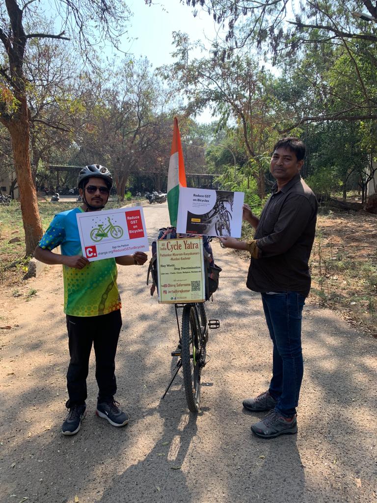 Pradeep Kumar (@pkgollamudi) on Twitter photo <a href="/DhirajSafarnama/">Dhiraj Kumar</a> Cycling From Punjab to All Indian states, till now covered 21 states and 12165 km.
<a href="/DhirajSafarnama/">Dhiraj Kumar</a> supported <a href="/ChangeOrg_India/">Change.org India</a> campaign reduce GST on bicycle from 12% to 5 % and
requesting <a href="/FinMinIndia/">Ministry of Finance</a> <a href="/nsitharaman/">Nirmala Sitharaman</a> <a href="/GST_Council/">GST Council</a> to reduce GST on bicycles. <a href="/DhirajSafarnama/">Dhiraj Kumar</a> Cycling From Punjab to All Indian states, till now covered 21 states and 12165 km.
<a href="/DhirajSafarnama/">Dhiraj Kumar</a> supported <a href="/ChangeOrg_India/">Change.org India</a> campaign reduce GST on bicycle from 12% to 5 % and
requesting <a href="/FinMinIndia/">Ministry of Finance</a> <a href="/nsitharaman/">Nirmala Sitharaman</a> <a href="/GST_Council/">GST Council</a> to reduce GST on bicycles.