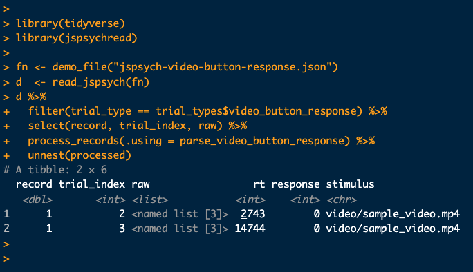 jlukavsky's tweet photo. If you are collecting your data with #jsPsych and processing it with #rstats, try the new package jspsychread.
It wraps the processing of JSON data into tibble format.
https://t.co/C9COmm1PCy https://t.co/z1Sz5t49XC
