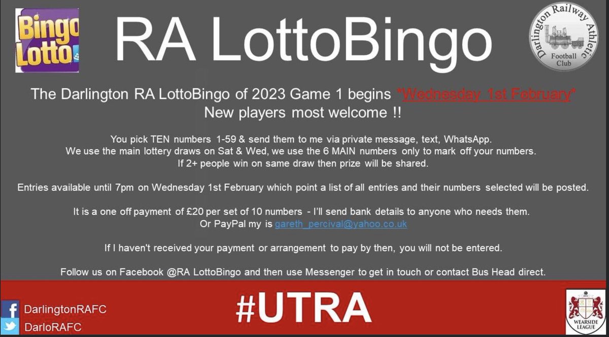DarlingtonRASSC's tweet photo. Not long now till Game 1 begins of RA LottoBingo.  Previous players you know what to do.  New players have a read of the below and get involved.  All profits go to the Football &amp; Cricket section.  
Follow RA LottoBingo on Facebook it will give you the details, rules &amp; updates. https://t.co/r9vi7gKHGr