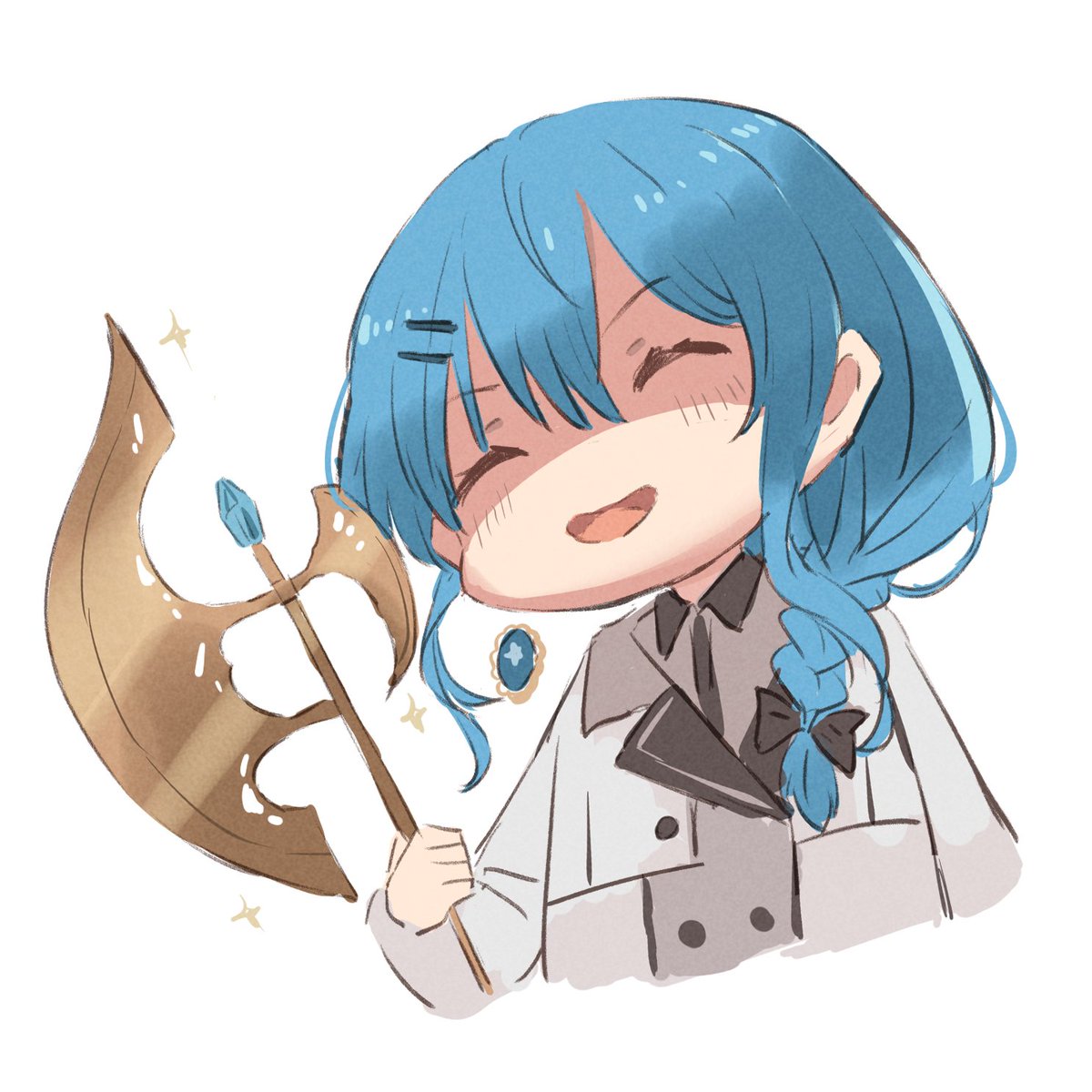 1girl solo blue hair braid closed eyes white background axe  illustration images