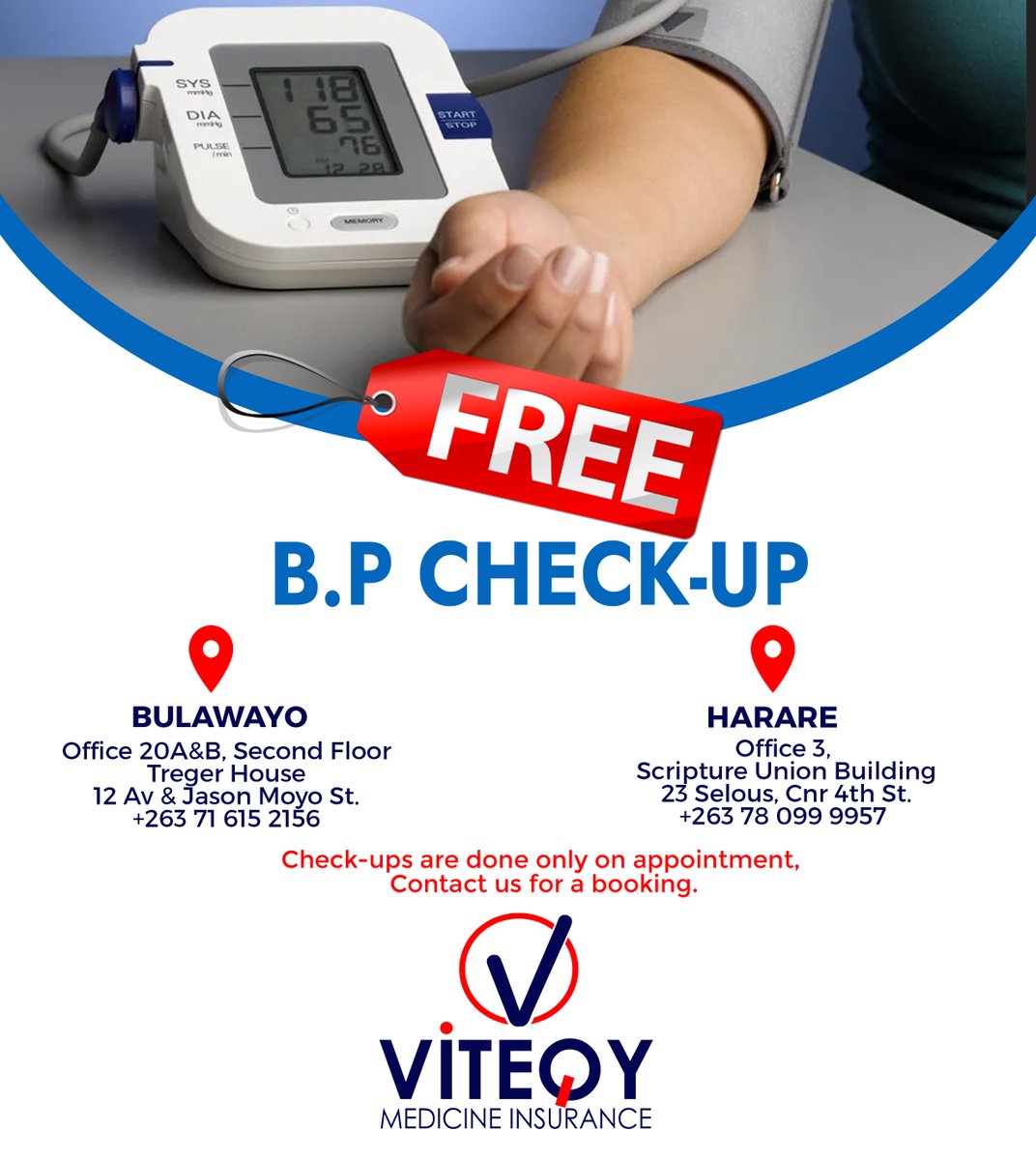 HAVE YOUR BP CHECKED FOR FREE. CONTACT US FOR AN APPOINTMENT

#freebpcheck #free #bpcheck #bloodpressurecheck  #doctors #consultation 
GET IN TOUCH FOR MORE INFORMATION & AVAILABLE PACKAGES
+263 780 999 953 | +263716152156 | +61468549226 
admin@viteqy.com. viteqy.com