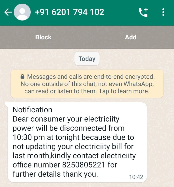 VimalrajRedhat's tweet photo. Sir, @V_Senthilbalaji i would like  bring to your notice, i got a WhatsApp msg like my electricity will be disconnected from tonight.

Is attached screenshot fake? If yes kindly do take necessary action.

@TANGEDCO_Offcl @tnpoliceoffl @CMOTamilnadu @tncybercrimeoff @CCBCyberCell https://t.co/A2lgdGAnAB