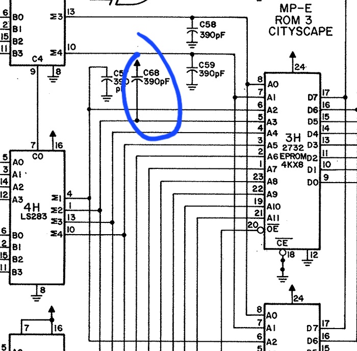 Jun0Man's tweet photo. Original IREM Moon Patrol had a glitch on the middle scroll layer.Changed 2 74ls283@4f&amp;4h which improved it.Touching pin 1 of 4h made the glitch change.C68 is missing from Irem boards &amp; manually added by Williams.Probably due to diffrnt 2732a timing. It should be across 1 and 14 https://t.co/Tm68ZcxAZg