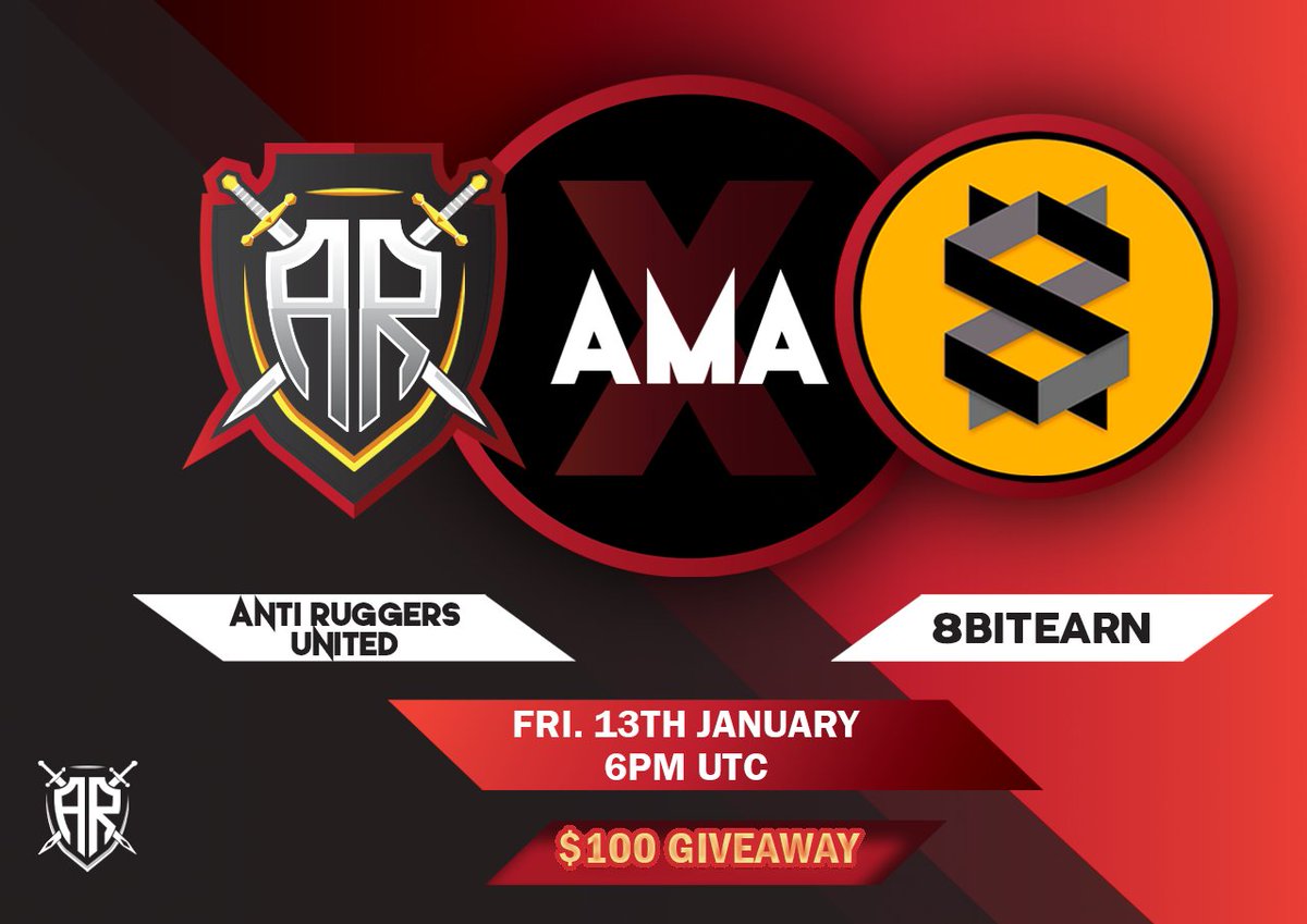 Anti Ruggers United is pleased to bring you another AMA! Where: t.me/AntiRuggersUni… Project: 8BitEarn TG: t.me/official8BitEa… Website: 8bitearn.com Time: Monday, 01/13/2023 at 6:00PM UTC Join the AMA for a chance to win $100 BUSD! #BSC #BNB #AMA