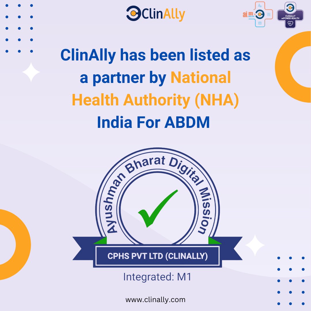 clinallyhealth's tweet photo. We are proud to be listed as a partner by the National Health Authority (NHA) for Ayushman Bharat Digital Mission (ABDM).
ClinAlly mPower Health App - https://t.co/atB7NuY2YI
ai.m Healthy App - https://t.co/9dkuJ6WF8h
#partnership #partner #certification #clinally https://t.co/xyq5kXie8X