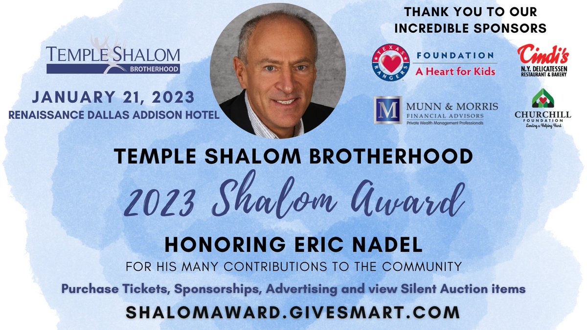 TSBrotherhood's tweet photo. We are only 8 days away (1/21/23) from the #ShalomAward honoring @nadeler with emcee @radiohicksie 

Get your tickets while they last to help recognize and thank Eric for all of his great work in the community.

https://t.co/MK6HdptkH3

@louisdmarx @JaredSandler @ideationstudio https://t.co/Zc4TICVbsB
