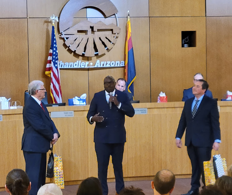 Installation ceremony @CityofChandler Council @chandlerazmayor @Matt4Chandler +newly elected Council @Angel4Chandler @JanePoston who join @Christi96394242 @renelopezaz @MarkStewart_AZ “thank yous” for @renelopezaz @TerryRoeforAZ; @ChandlerChamber @EVPartnership @jaytibshraeny