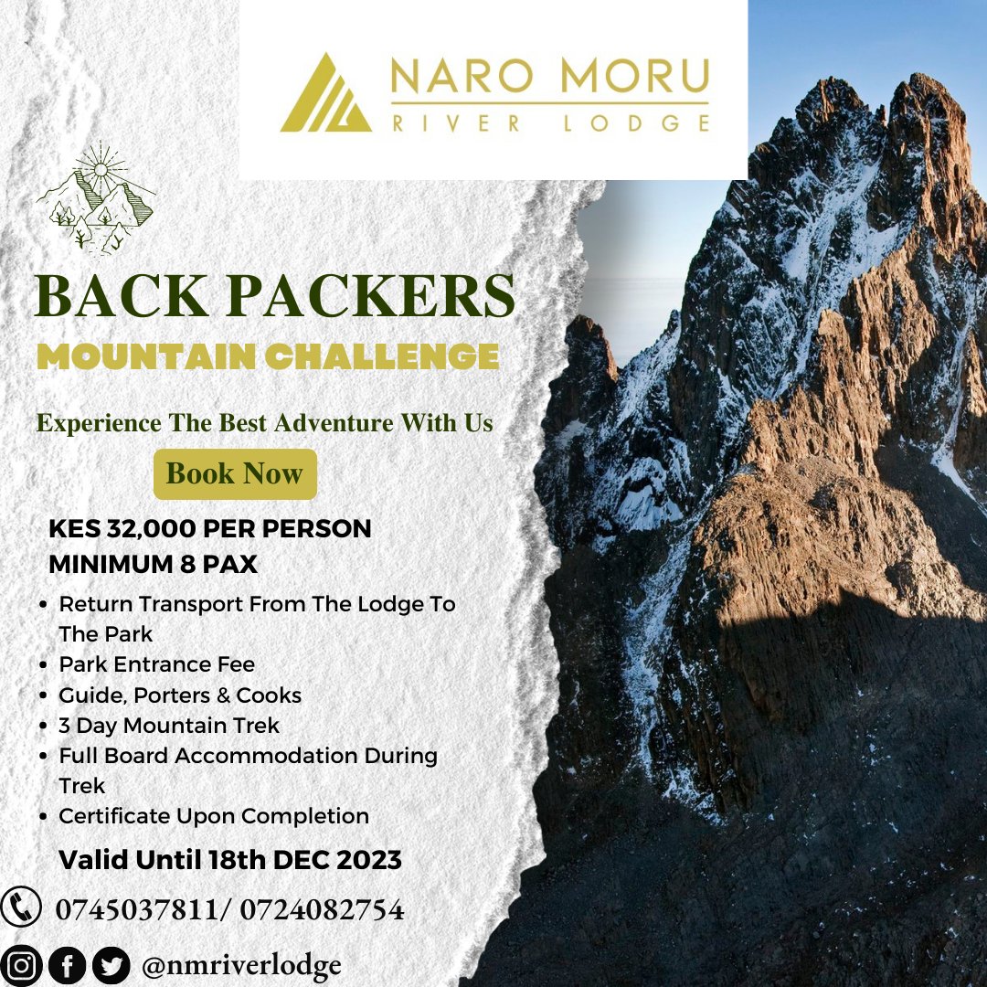 nmriverlodge's tweet photo. Book our backpackers mountain climbing package today.
#naromoruriverlodge #mountainiscalling #mountainclimbing #backpackers #mountains #mountainlovers #mtkenya #climbonabudget #climbingpackage #hiking #budgetfriendly #travel #travelgram #travelphotography #explore #wanderlust https://t.co/kdTg5vmdXK