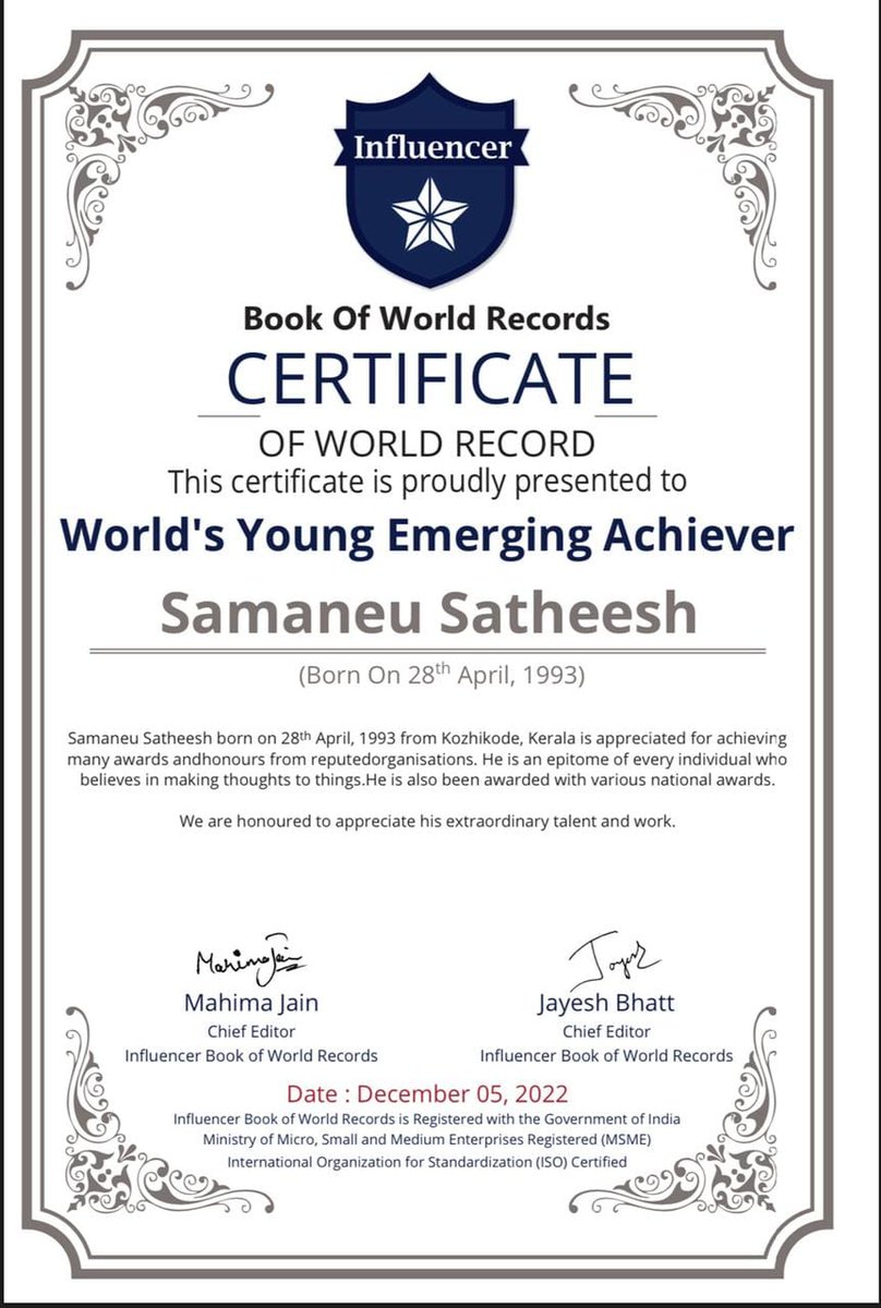 samaneu's tweet photo. I am overwhelmed by this gesture of honoring my contributions. “Book Of World Records” - World's Young Emerging Achiever. Words fail me and I accept this honor with a great sense of accountability and responsibility.
#WorldBookofRecords #worldrecord #influencer #samaneusatheesh https://t.co/ui3vioYm4l