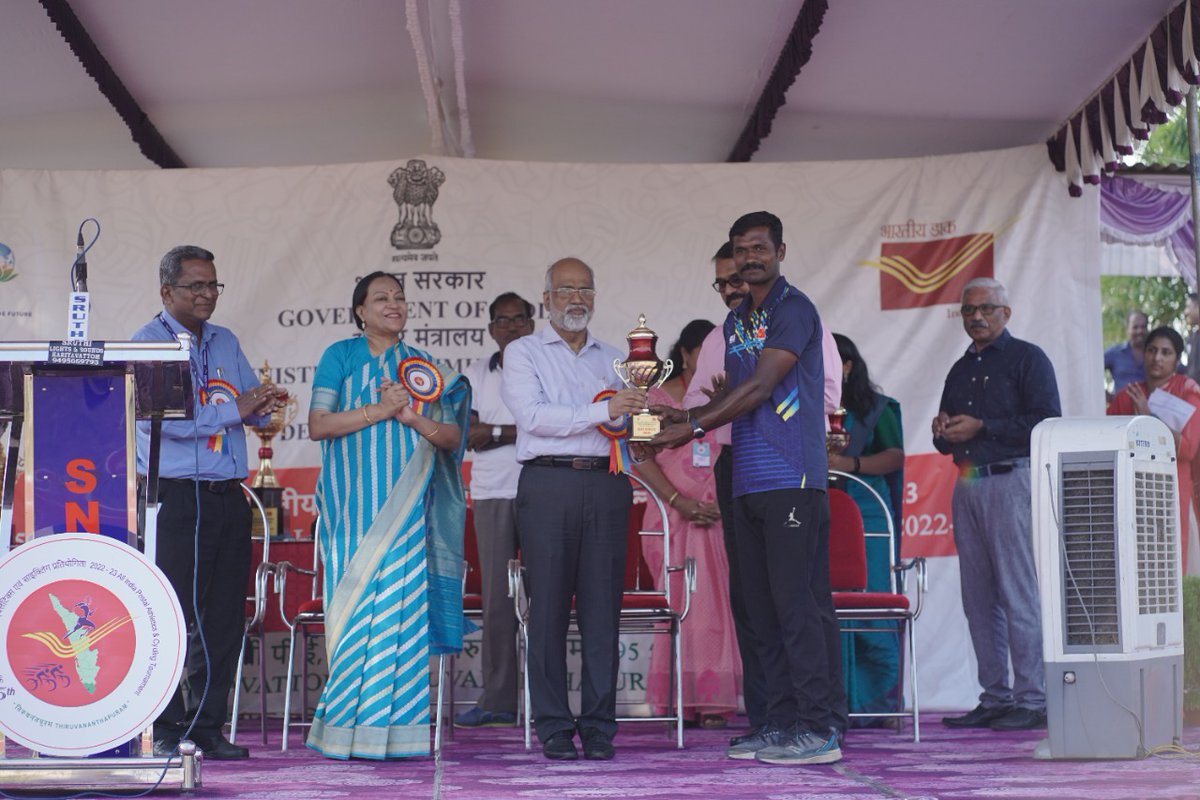 SAITrivandrum's tweet photo. Glimpses from the #Valedictory of All India Postal Athletics and Cycling Tournament organized by Kerala #PostalCircle held at @Media_SAI LNCPE. Dr.V.P. Joy IAS, Chief Secretary, GoK was the Chief Guest of the function. Tamil Nadu #PostalCircle emerged as the overall champions https://t.co/WHAKfddoC2